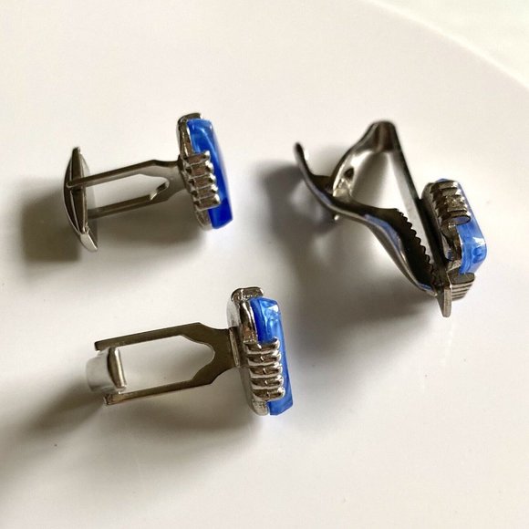 Cuff Link Tie Clip 3 Piece Set Blue Stones Silver Toned.........40 - Picture 3 of 8